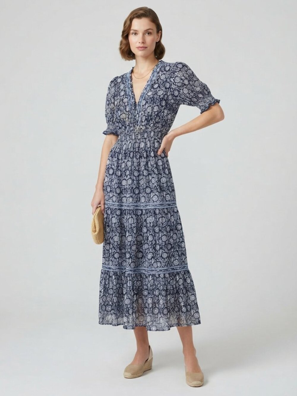 Max Studio Floral Smocked Waist Maxi Dress M Navy White Printed NWT
